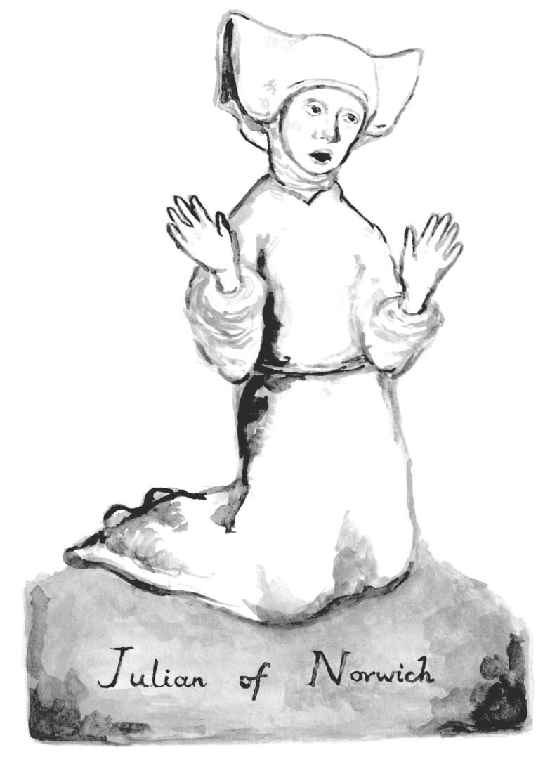 An illustration of a card-­theatre figure of Julian of Norwich, who is wearing white anchorite garb and is on her knees with hands raised in supplication.