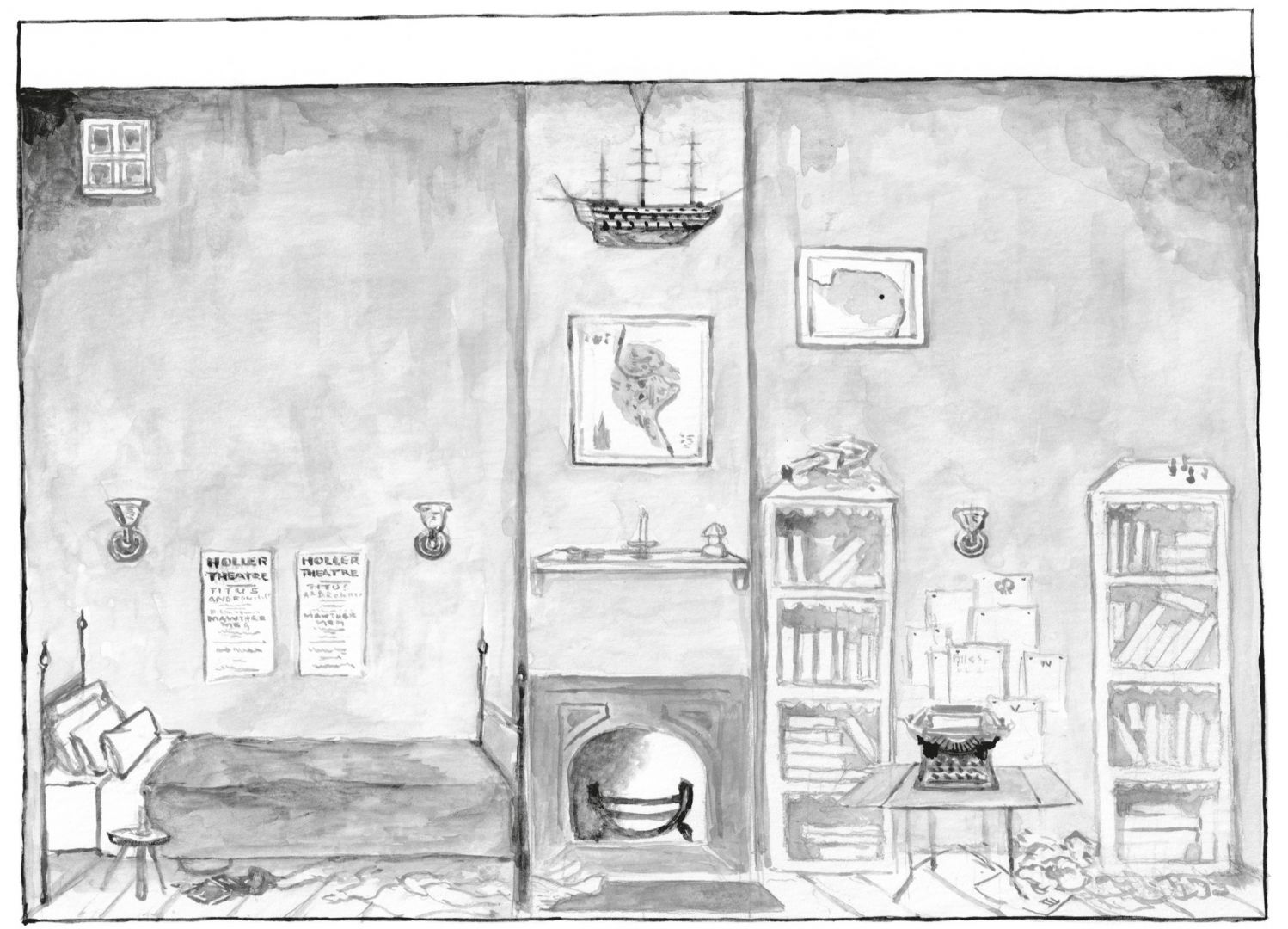 This card-­theatre backdrop is illustrated to look like Edith’s room with a bed on the left, a fireplace in the center, and bookshelves framing a desk with a typewriter on the right. Maps, toys, posters, and a model ship decorate the walls. There is a small, square window high above the bed, at the top-­left corner of the image.